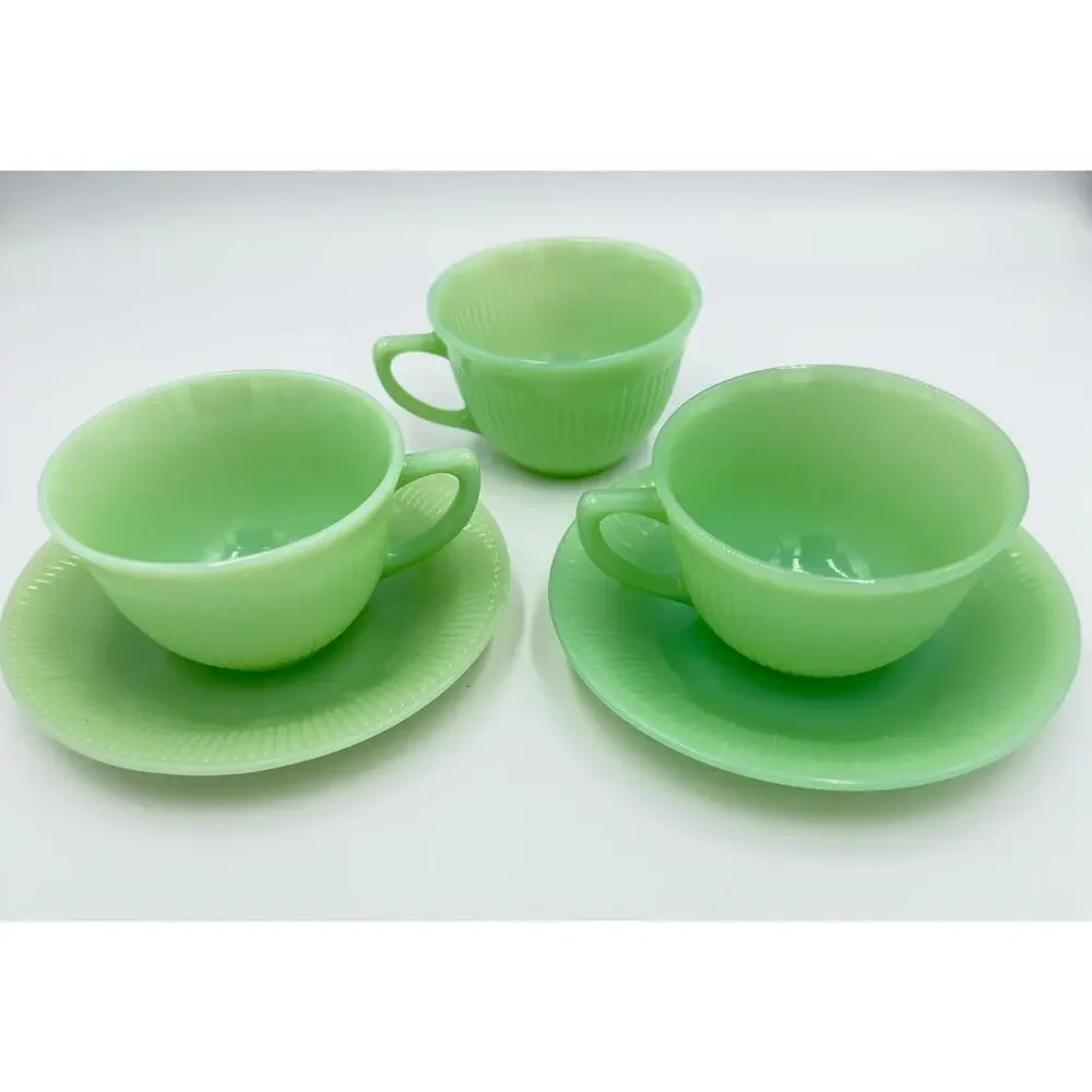 Fire King Coffee Tea Cup & Saucer Jane Ray JadeIte by ANCHOR HOCKING 5pc Set